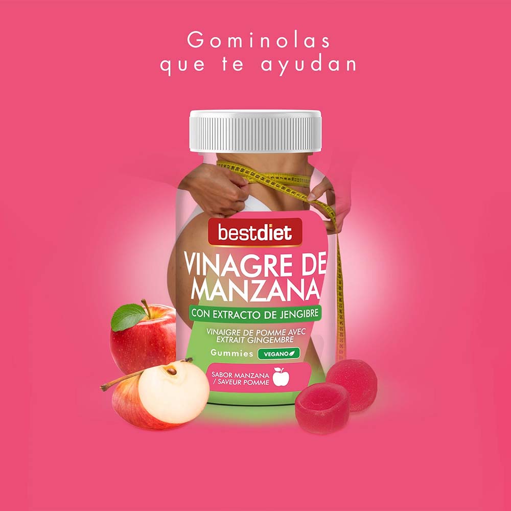 Gummies Vinagre de Manzana BestDiet - Producto con fondo rosa y manzanas